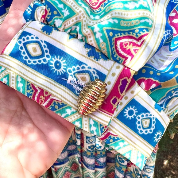 Vintage 1980s Abstract Print Pleated Dress With Matching Belt And Shoulder Pads - Picture 8 of 12